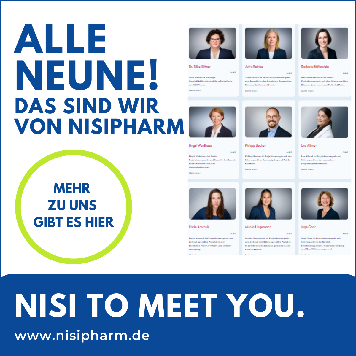 Vorstellung des NiSiPharm-Teams, mit der Headline: Alle Neune und Verlinkung auf die Webseite