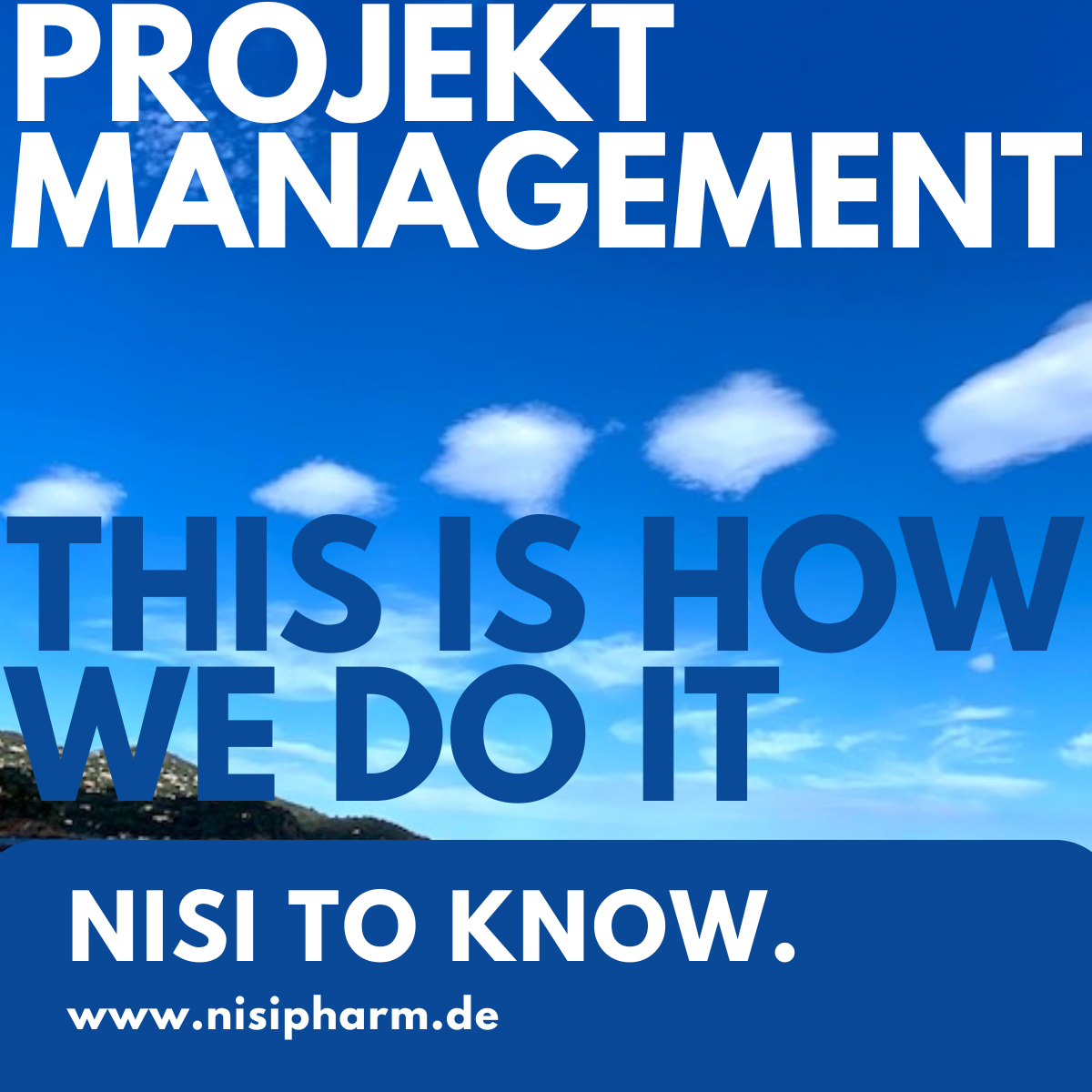 Layout mit einem strahlend blauen Himmel mit weißen Wolken und Aufschrift Projekt-Management - this is how we do it